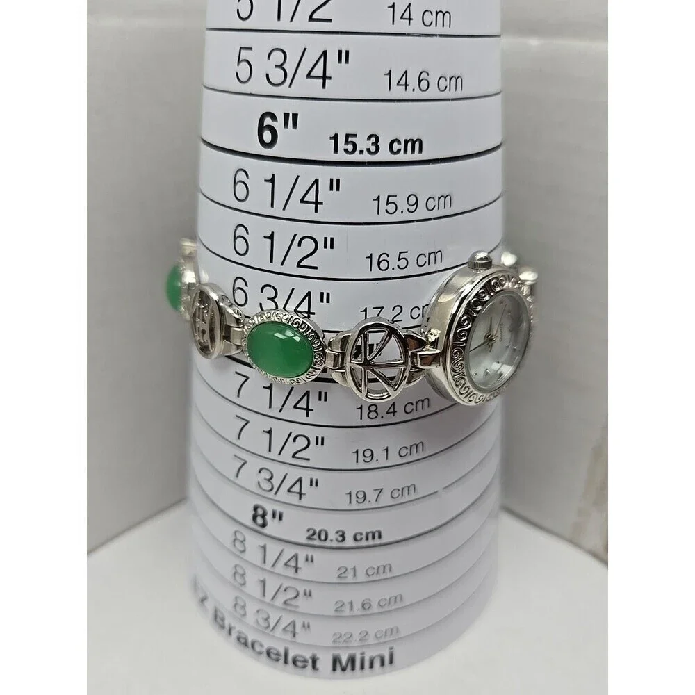 Avon Green Cabochon Oval Link Bracelet Watch Silver Tone Quartz New Battery